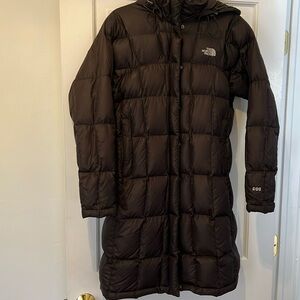 Chocolate brown North Face long puffer jacket